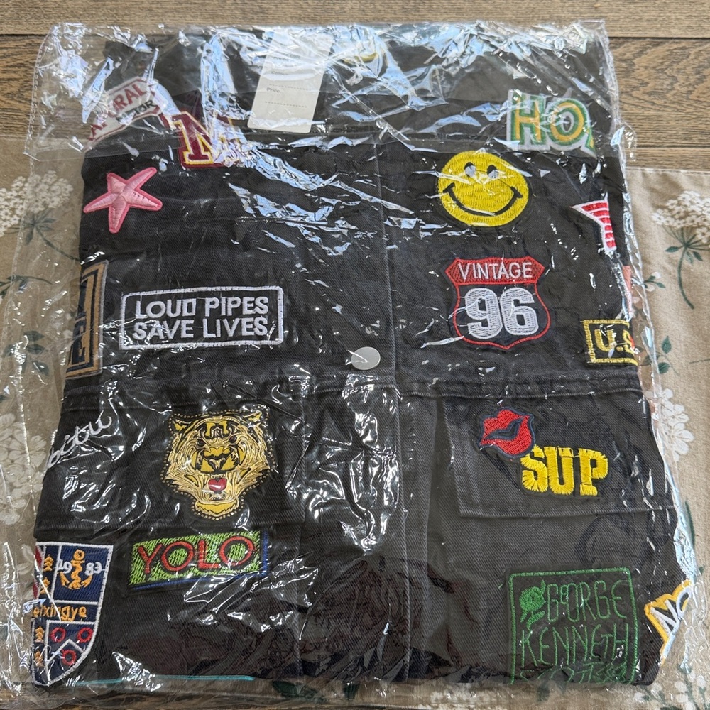 DAISY Black Denim Oversized Patch Jacket Shirt Maximalist Eclectic Streetwear - Picture 5 of 5